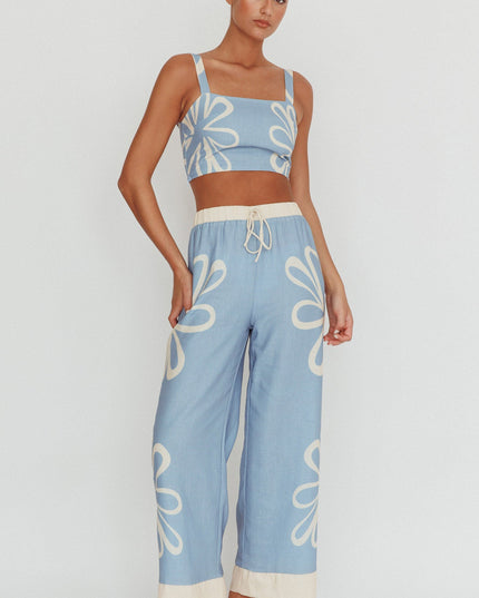 Blue Floral Wide Leg Pants Beige