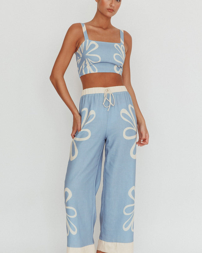 Blue Floral Wide Leg Pants Beige