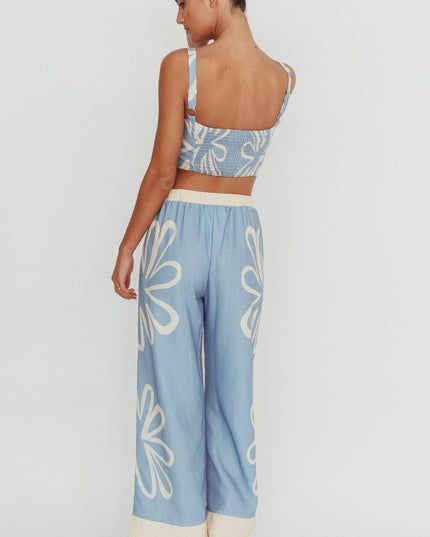 Blue Floral Wide Leg Pants Beige