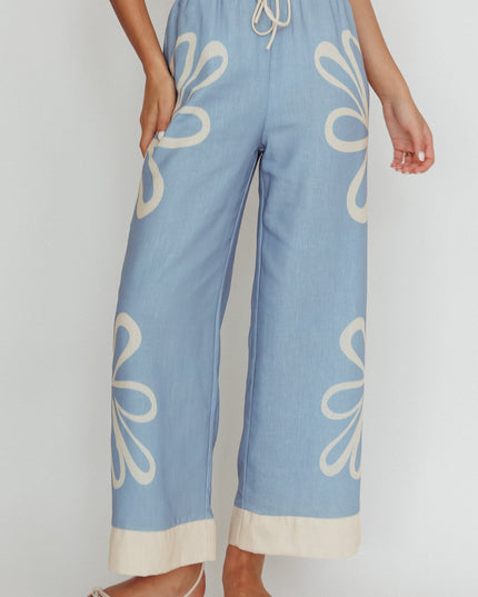 Blue Floral Wide Leg Pants Beige