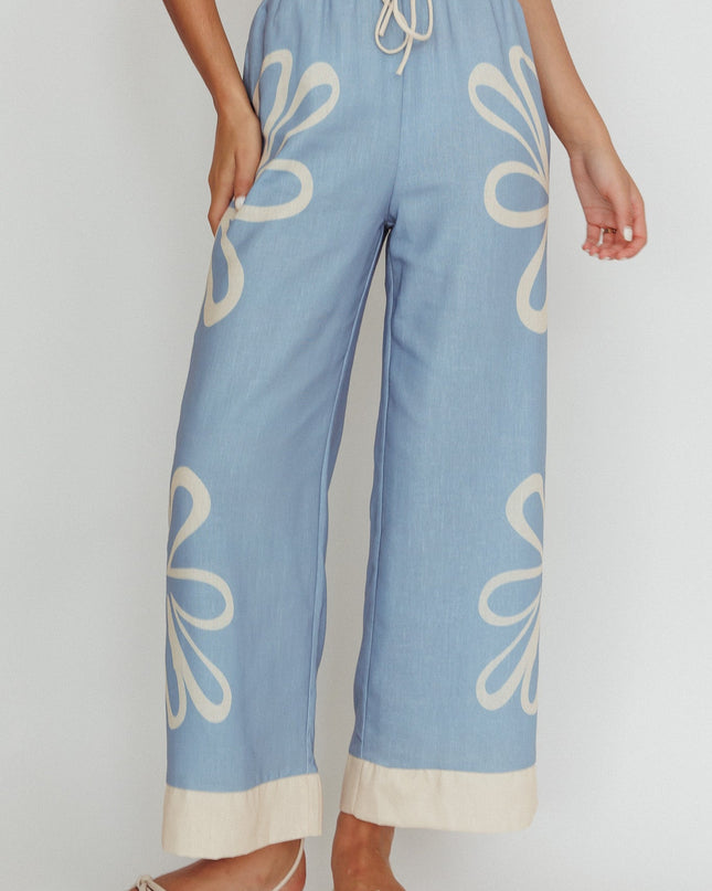 Blue Floral Wide Leg Pants Beige