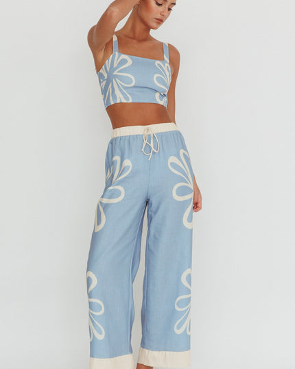 Blue Floral Wide Leg Pants Beige