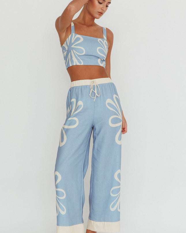 Blue Floral Wide Leg Pants Beige