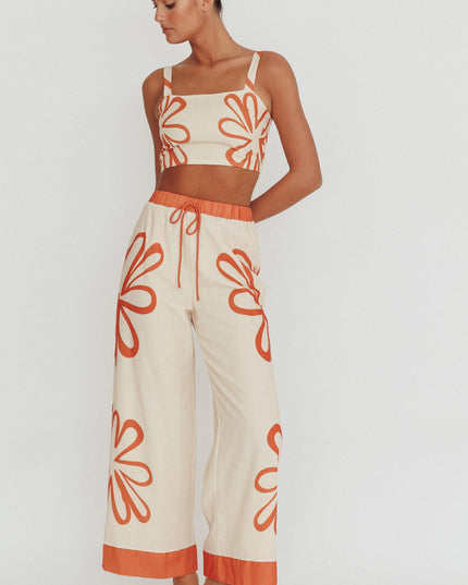 Beige Floral Wide Leg Pants Rust