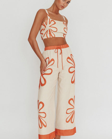 Beige Floral Wide Leg Pants Rust