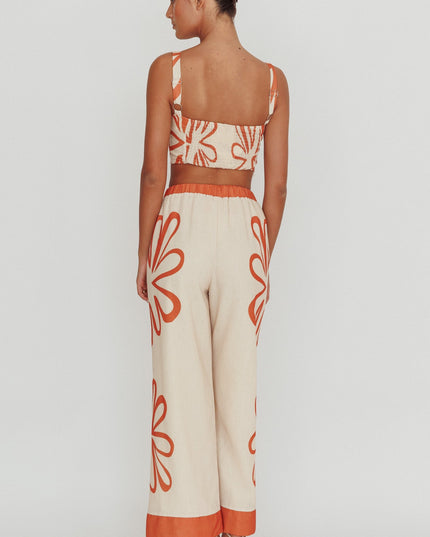 Beige Floral Wide Leg Pants Rust