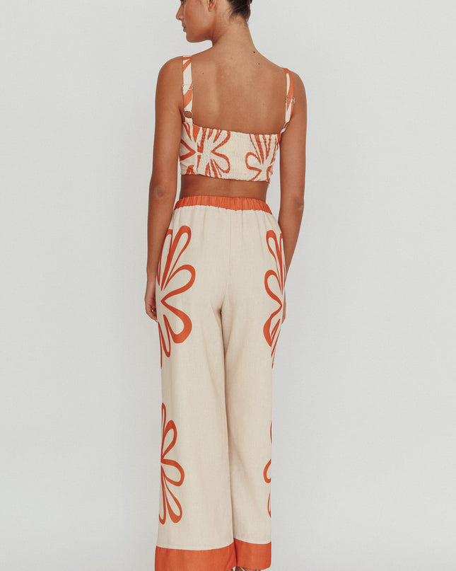 Beige Floral Wide Leg Pants Rust