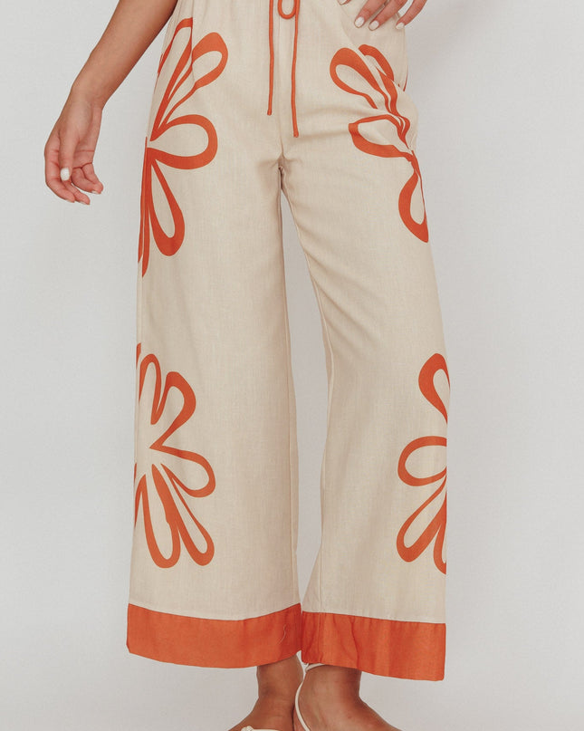 Beige Floral Wide Leg Pants Rust