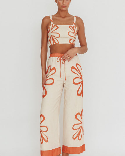 Beige Floral Wide Leg Pants Rust