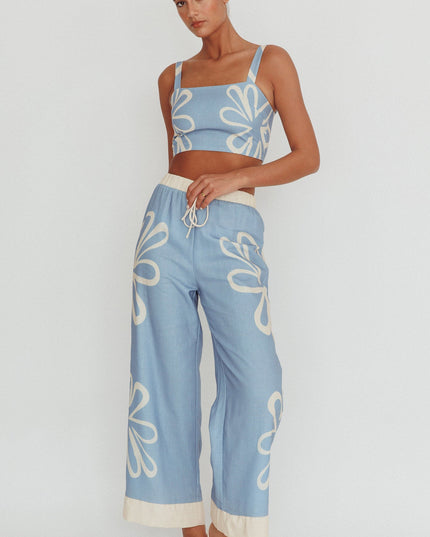 Blue Square Neck Cropped Top Beige