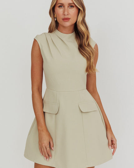 Sage Pleat Shoulder Faux Pocket Mini Dress