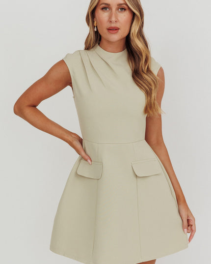 Sage Pleat Shoulder Faux Pocket Mini Dress