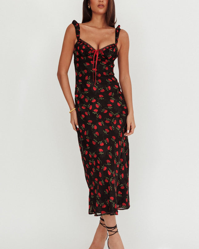 Black Ribbon Trim Maxi Dress Floral