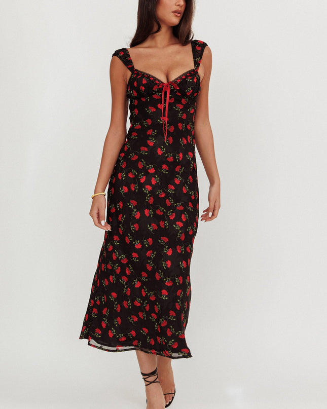 Black Ribbon Trim Maxi Dress Floral