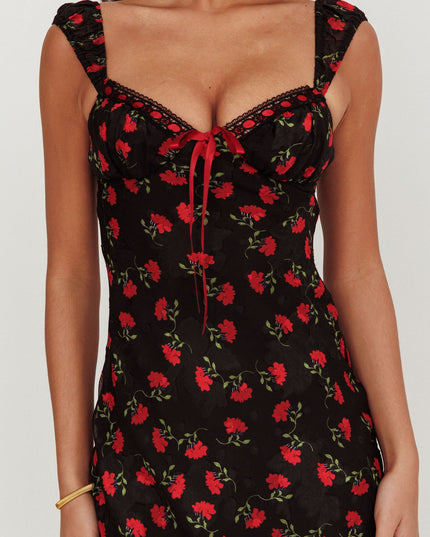 Black Ribbon Trim Maxi Dress Floral