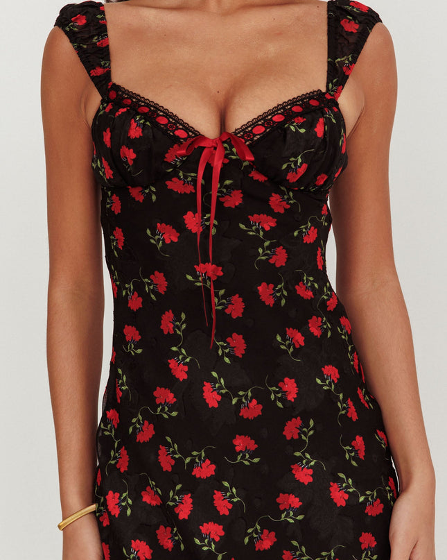 Black Ribbon Trim Maxi Dress Floral
