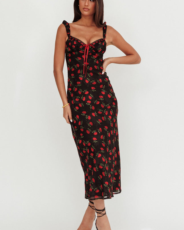 Black Ribbon Trim Maxi Dress Floral