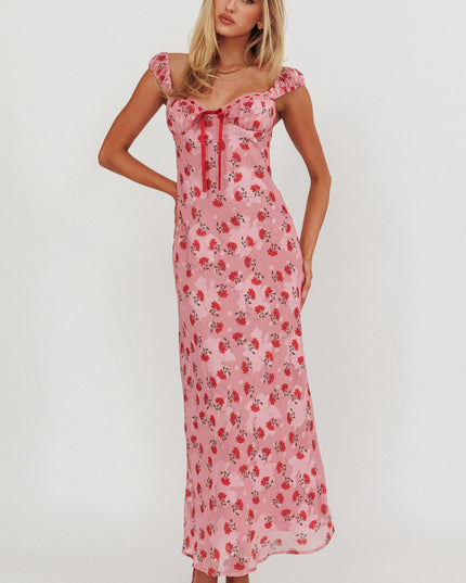 Pink Ribbon Trim Maxi Dress Floral