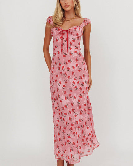 Pink Ribbon Trim Maxi Dress Floral