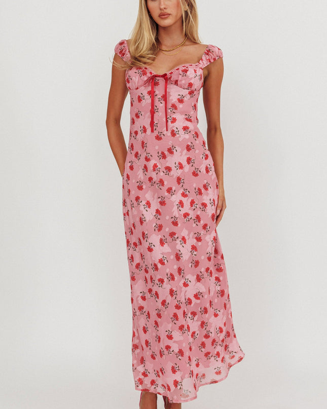 Pink Ribbon Trim Maxi Dress Floral
