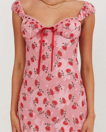 Pink Ribbon Trim Maxi Dress Floral