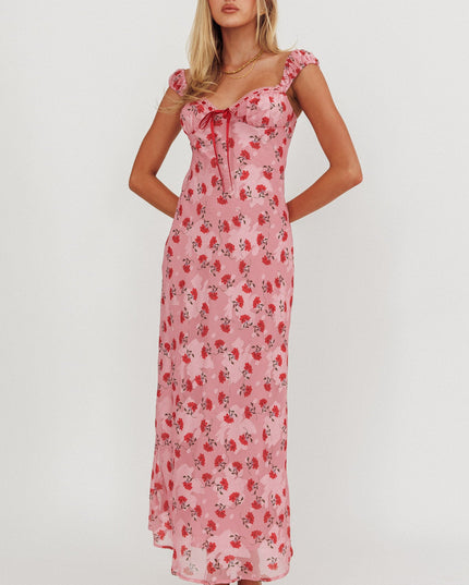 Pink Ribbon Trim Maxi Dress Floral