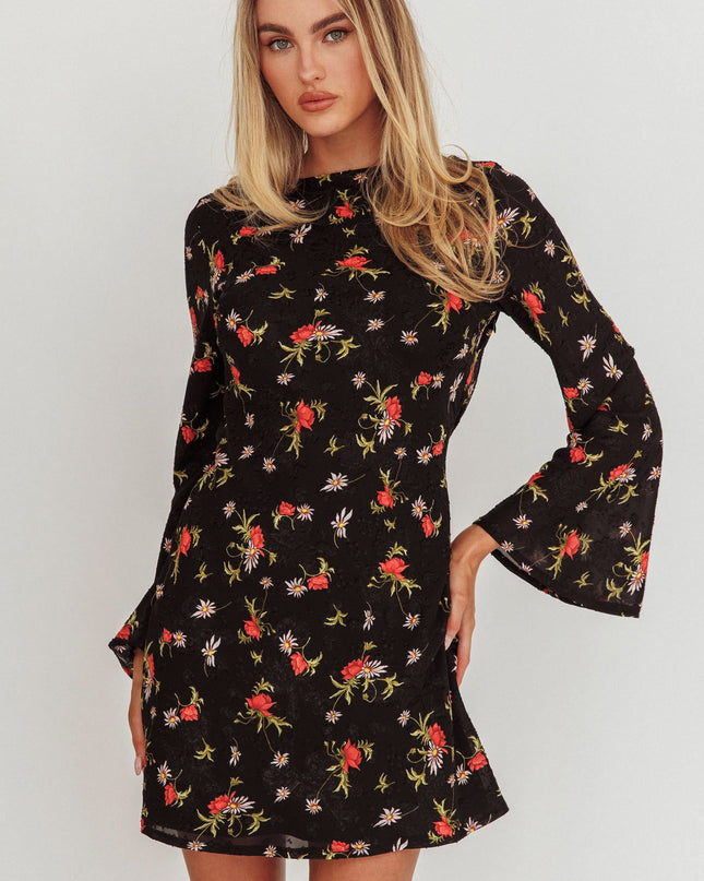 Black Long Sleeve Backless Mini Dress Floral