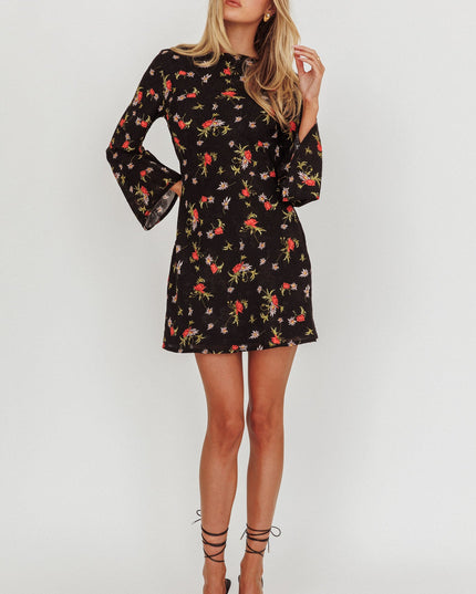 Black Long Sleeve Backless Mini Dress Floral