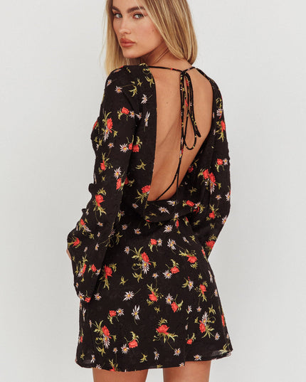 Black Long Sleeve Backless Mini Dress Floral