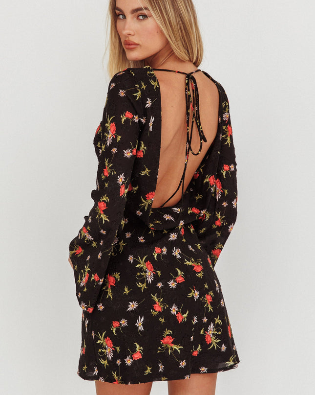 Black Long Sleeve Backless Mini Dress Floral