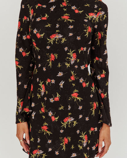 Black Long Sleeve Backless Mini Dress Floral
