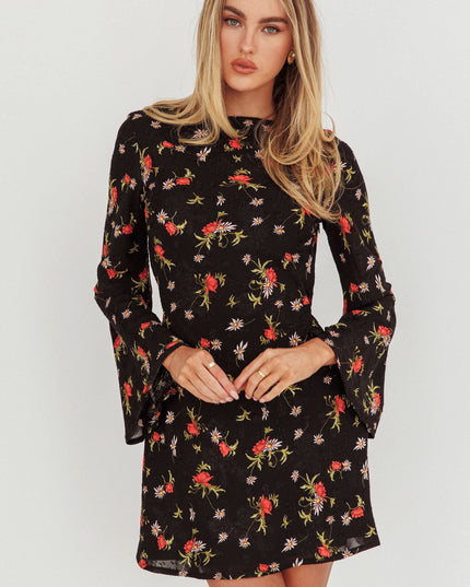 Black Long Sleeve Backless Mini Dress Floral