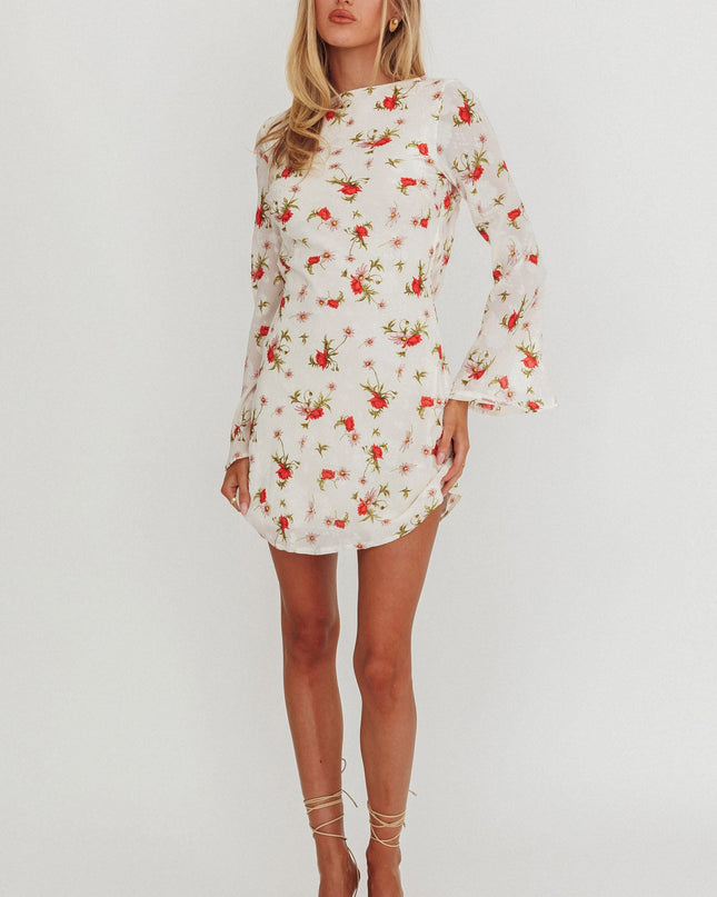 White Long Sleeve Backless Mini Dress Floral
