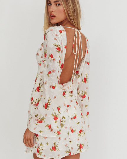 White Long Sleeve Backless Mini Dress Floral