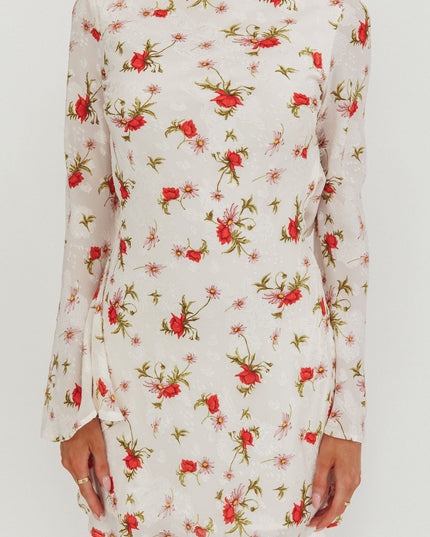 White Long Sleeve Backless Mini Dress Floral