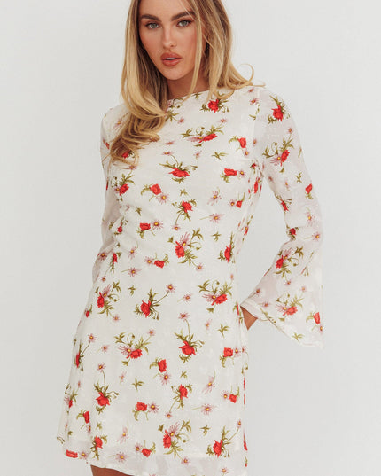 White Long Sleeve Backless Mini Dress Floral