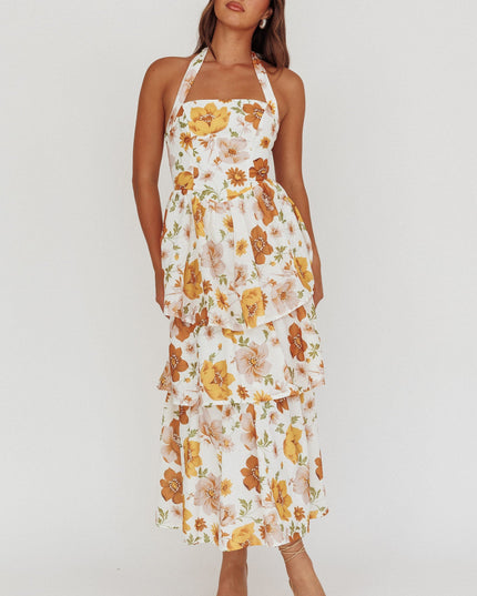 Yellow Tiered Ruffle Maxi Dress Floral