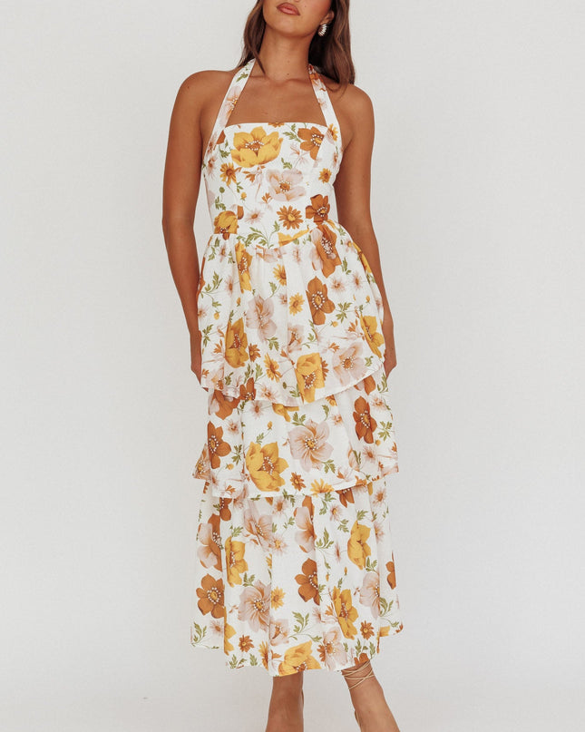 Yellow Tiered Ruffle Maxi Dress Floral