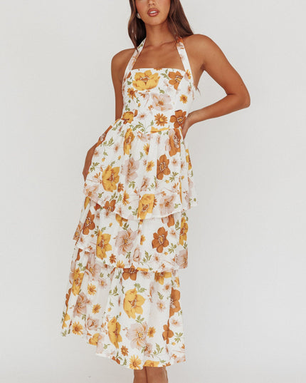 Yellow Tiered Ruffle Maxi Dress Floral