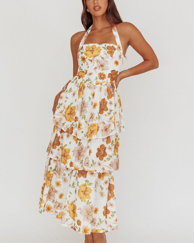 Yellow Tiered Ruffle Maxi Dress Floral