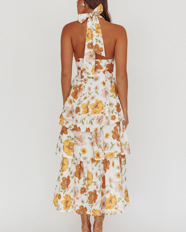 Yellow Tiered Ruffle Maxi Dress Floral