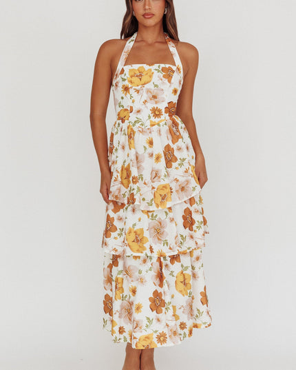 Yellow Tiered Ruffle Maxi Dress Floral