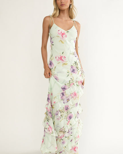 Floral Ruffle Trim Maxi Dress Mint