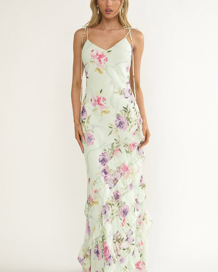 Floral Ruffle Trim Maxi Dress Mint