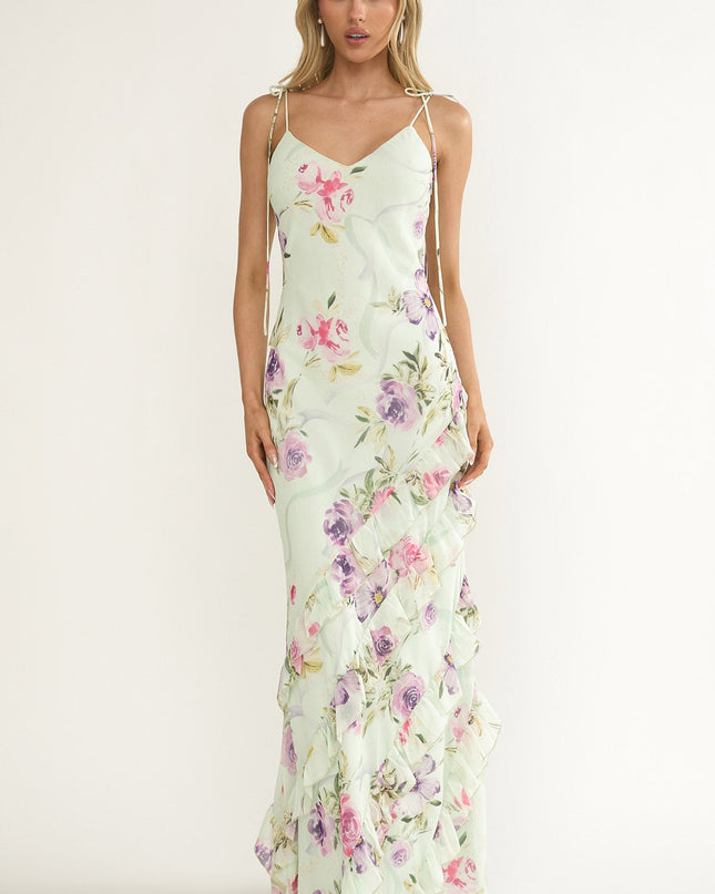 Floral Ruffle Trim Maxi Dress Mint