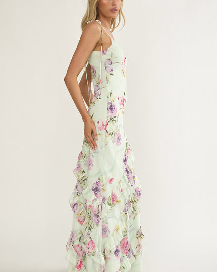 Floral Ruffle Trim Maxi Dress Mint