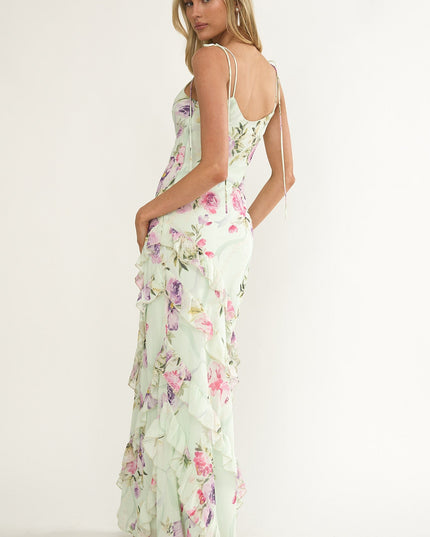 Floral Ruffle Trim Maxi Dress Mint