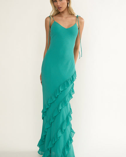 Turquoise Ruffle Trim Maxi Dress