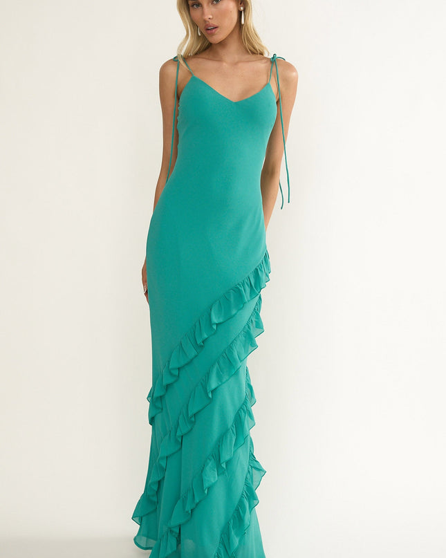 Turquoise Ruffle Trim Maxi Dress