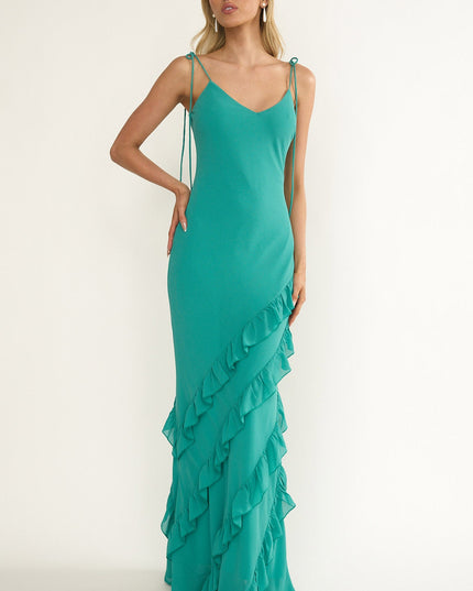 Turquoise Ruffle Trim Maxi Dress